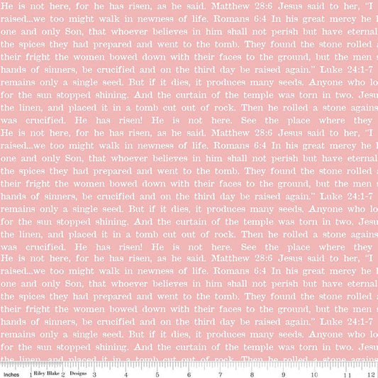 Image of Egg Hunt Empty Tomb Text Pink quilting cotton fabric by J. Wecker Frisch for Riley Blake Designs. Features words on a pink background. Cute Little Fabric Shop.