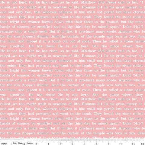 Image of Egg Hunt Empty Tomb Text Pink quilting cotton fabric by J. Wecker Frisch for Riley Blake Designs. Features words on a pink background. Cute Little Fabric Shop.