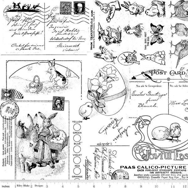 Image of Egg Hunt Easter Post Black quilting cotton fabric by J. Wecker Frisch for Riley Blake Designs. Features words on a white background. Cute Little Fabric Shop.