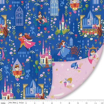 Image of Double Lush Velvet Sleeping Beauty polyester by Jill Howarth for Riley Blake Designs. Features fairy tales on a blue background. Cute Little Fabric Shop.
