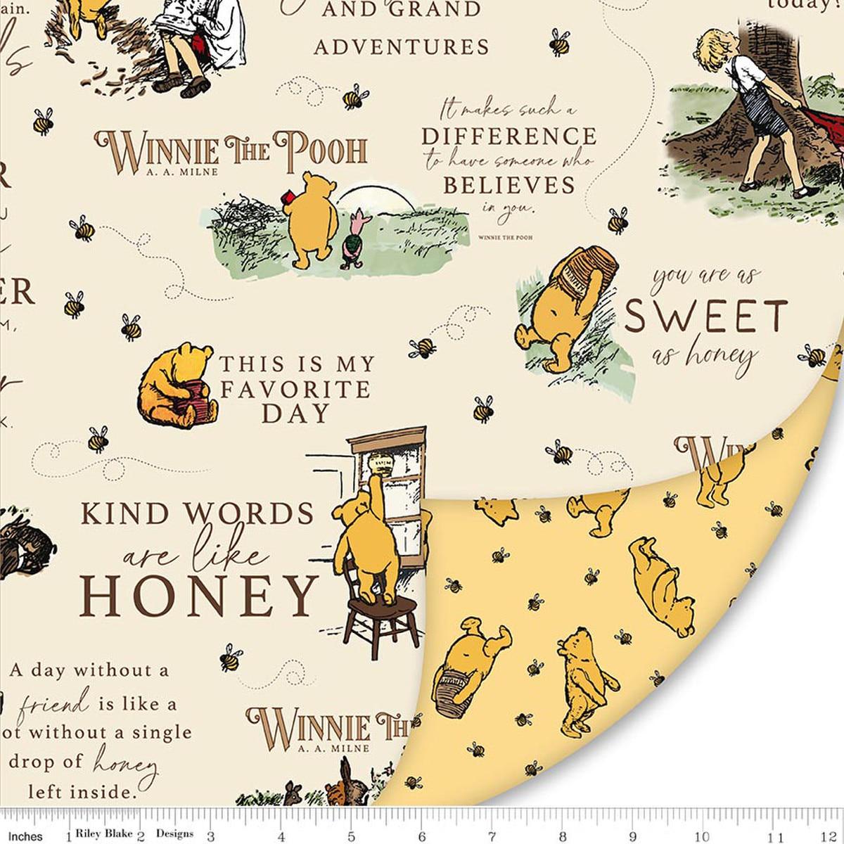 Image of Double Lush Velvet Winnie The Pooh polyester by Echo Park Paper Co for Riley Blake Designs. Features characters and text on a cream background. Cute Little Fabric Shop.