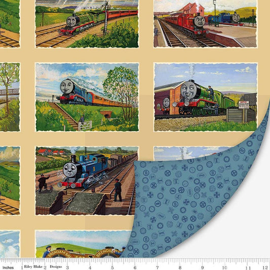 Image of Double Lush Velvet Thomas & Friends 80th Anniversary polyester by Licensed Product for Riley Blake Designs. Features trains on a cream background. Cute Little Fabric Shop.