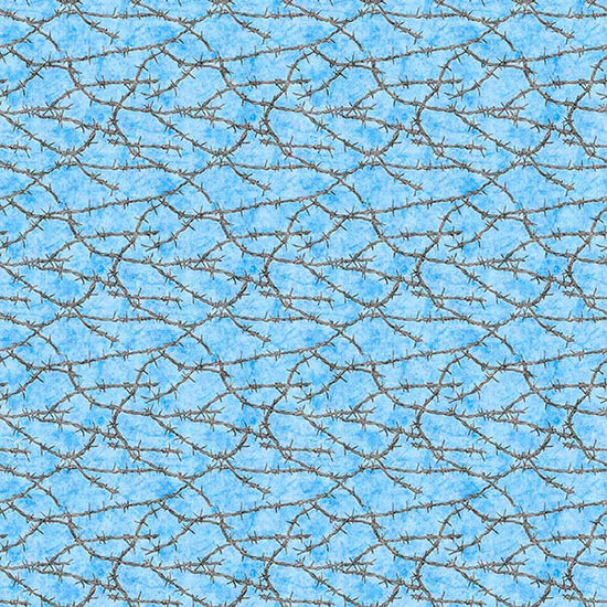 Image of Yippie Ki Yay! Barbed Wire Light Blue quilting cotton fabric by Morris Creative Group for QT Fabrics. Features wire on a blue background. Cute Little Fabric Shop.