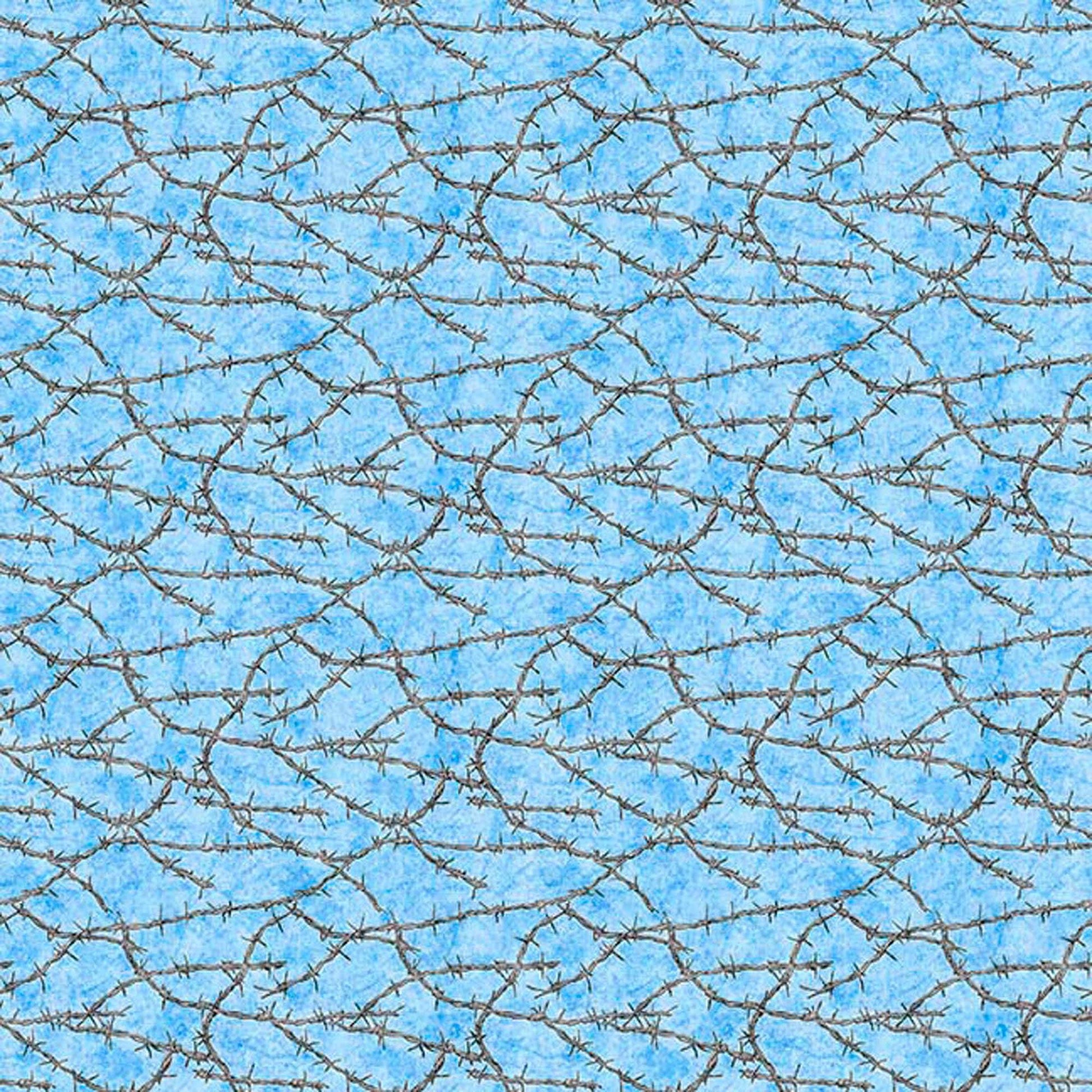 Image of Yippie Ki Yay! Barbed Wire Light Blue quilting cotton fabric by Morris Creative Group for QT Fabrics. Features wire on a blue background. Cute Little Fabric Shop.