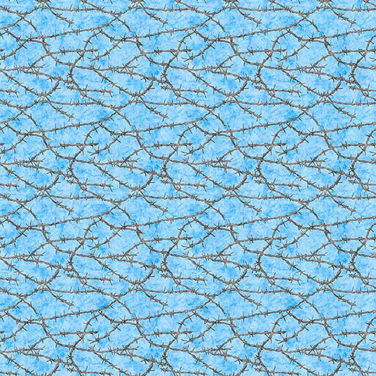 Image of Yippie Ki Yay! Barbed Wire Light Blue quilting cotton fabric by Morris Creative Group for QT Fabrics. Features wire on a blue background. Cute Little Fabric Shop.