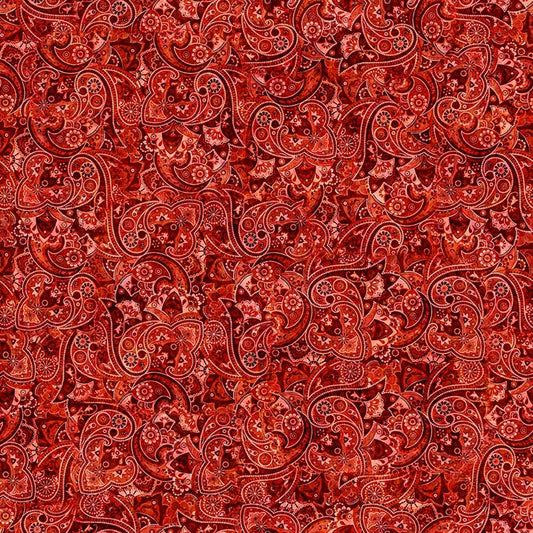 Image of Yippie Ki Yay! Bandana Paisley Red quilting cotton fabric by Morris Creative Group for QT Fabrics. Features paisley on a red background. Cute Little Fabric Shop.