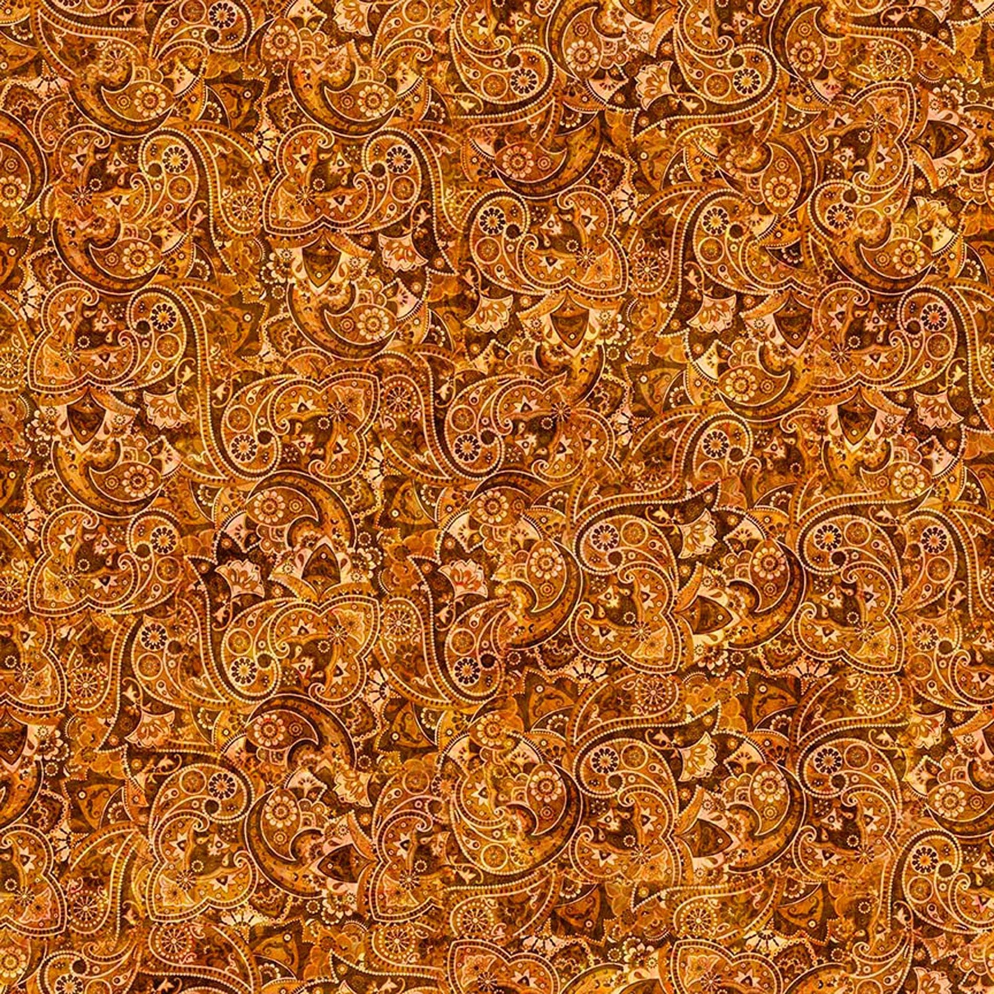 Image of Yippie Ki Yay! Bandana Paisley Paprika quilting cotton fabric by Morris Creative Group for QT Fabrics. Features paisley on a yellow background. Cute Little Fabric Shop.