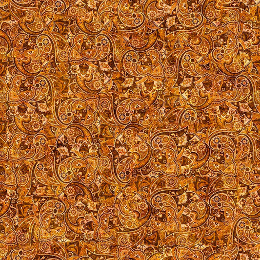 Image of Yippie Ki Yay! Bandana Paisley Paprika quilting cotton fabric by Morris Creative Group for QT Fabrics. Features paisley on a yellow background. Cute Little Fabric Shop.