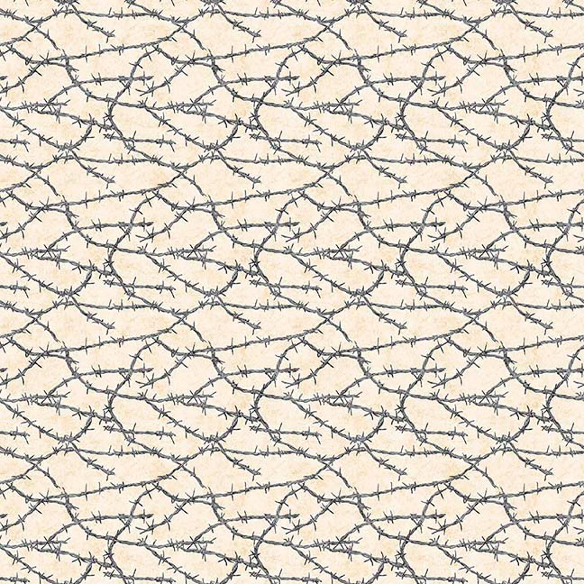 Image of Yippie Ki Yay! Barbed Wire Beige quilting cotton fabric by Morris Creative Group for QT Fabrics. Features wire on a cream background. Cute Little Fabric Shop.