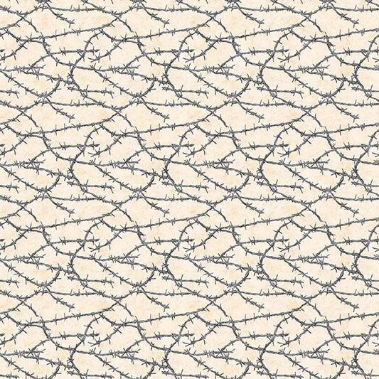 Image of Yippie Ki Yay! Barbed Wire Beige quilting cotton fabric by Morris Creative Group for QT Fabrics. Features wire on a cream background. Cute Little Fabric Shop.