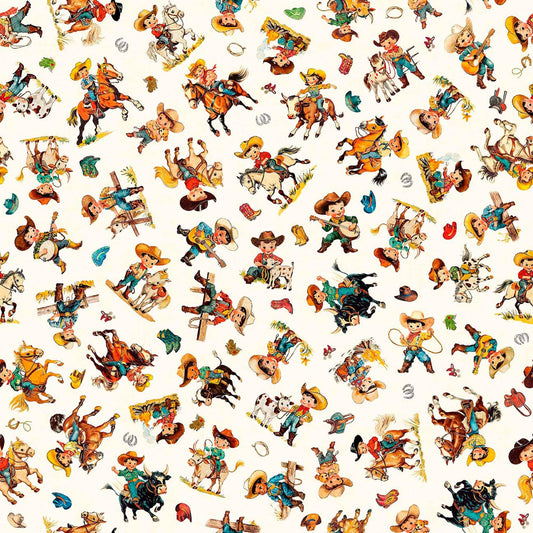 Image of Yippie Ki Yay! Cowboy/Cowgirl Toss Cream quilting cotton fabric by Morris Creative Group for QT Fabrics. Features cowboys on a white background. Cute Little Fabric Shop.
