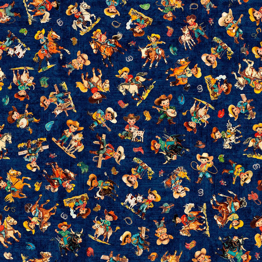 Image of Yippie Ki Yay! Cowboy/Cowgirl Toss Navy quilting cotton fabric by Morris Creative Group for QT Fabrics. Features cowboys on a blue background. Cute Little Fabric Shop.