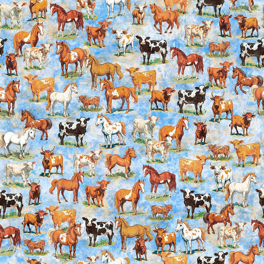 Image of Yippie Ki Yay! Cows & Horses Light Blue quilting cotton fabric by Morris Creative Group for QT Fabrics. Features animals on a blue background. Cute Little Fabric Shop.