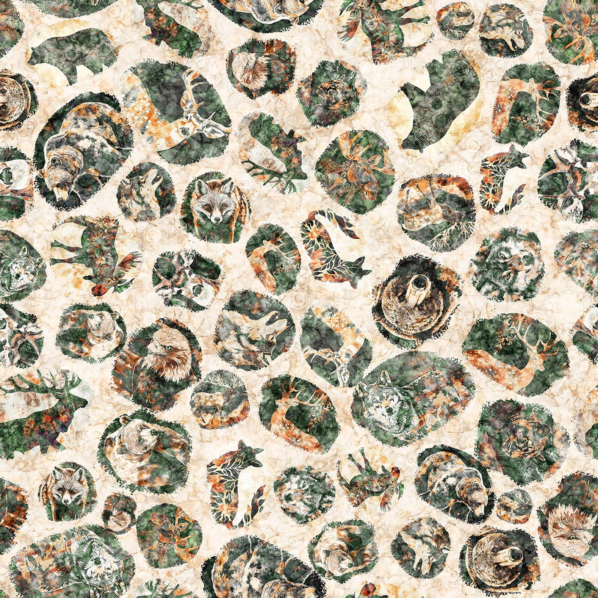 Image of Mountain Splendor Lodge Animal Medallions Tan quilting cotton fabric by Dan Morris for QT Fabrics. Features animals on a cream background. Cute Little Fabric Shop.