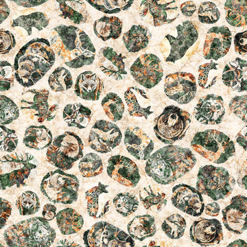 Image of Mountain Splendor Lodge Animal Medallions Tan quilting cotton fabric by Dan Morris for QT Fabrics. Features animals on a cream background. Cute Little Fabric Shop.