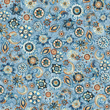 Image of Mountain Splendor Floral & Paisley Blue quilting cotton fabric by Dan Morris for QT Fabrics. Features flowers on a blue background. Cute Little Fabric Shop.