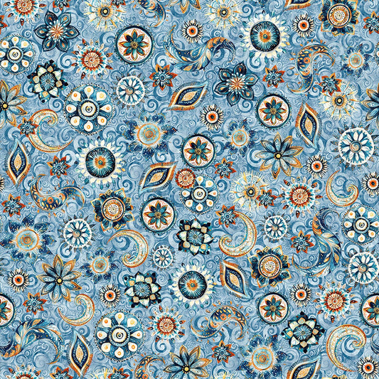 Image of Mountain Splendor Floral & Paisley Blue quilting cotton fabric by Dan Morris for QT Fabrics. Features flowers on a blue background. Cute Little Fabric Shop.