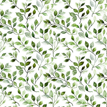 Image of Mountain Splendor Leaf Vine Evergreen quilting cotton fabric by Dan Morris for QT Fabrics. Features leaves on a white background. Cute Little Fabric Shop.