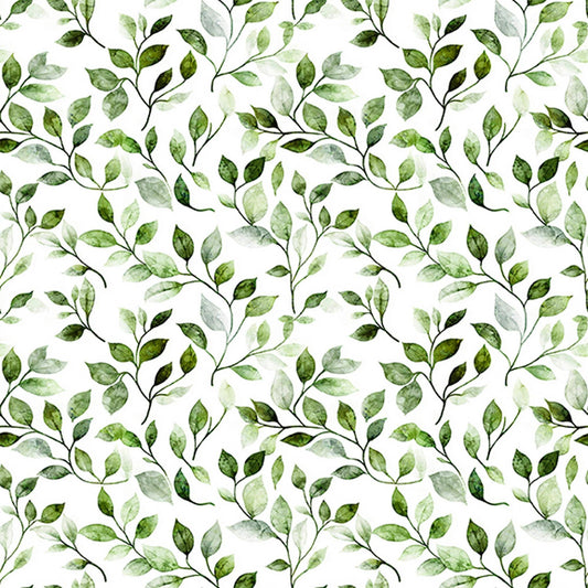 Image of Mountain Splendor Leaf Vine Evergreen quilting cotton fabric by Dan Morris for QT Fabrics. Features leaves on a white background. Cute Little Fabric Shop.