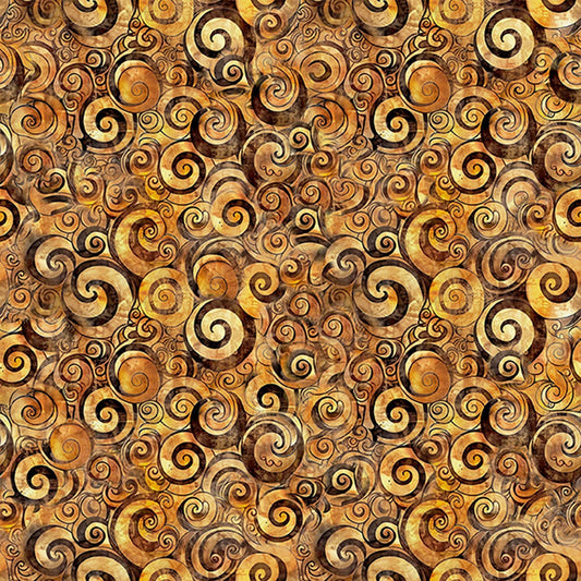 Image of Mountain Splendor Scroll Geo Brown quilting cotton fabric by Dan Morris for QT Fabrics. Features spirals on a yellow background. Cute Little Fabric Shop.