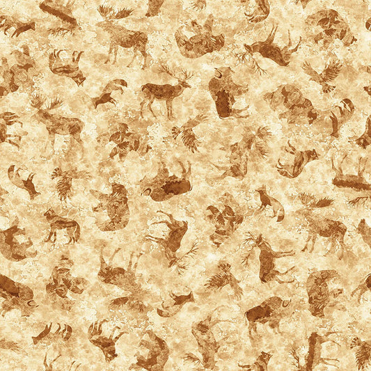 Image of Mountain Splendor Animal Silhouettes Tan quilting cotton fabric by Dan Morris for QT Fabrics. Features animals on a cream background. Cute Little Fabric Shop.