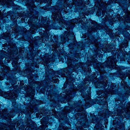 Image of Mountain Splendor Animal Silhouettes Navy quilting cotton fabric by Dan Morris for QT Fabrics. Features animals on a blue background. Cute Little Fabric Shop.