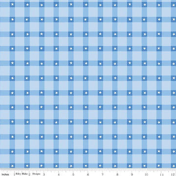 Image of Firecracker Plaid Frost quilting cotton fabric by My Mind's Eye for Riley Blake Designs. Features stars on a blue background. Cute Little Fabric Shop.