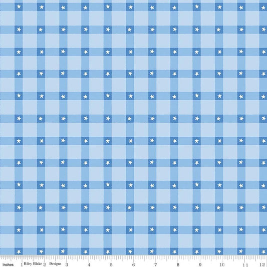 Image of Firecracker Plaid Frost quilting cotton fabric by My Mind's Eye for Riley Blake Designs. Features stars on a blue background. Cute Little Fabric Shop.