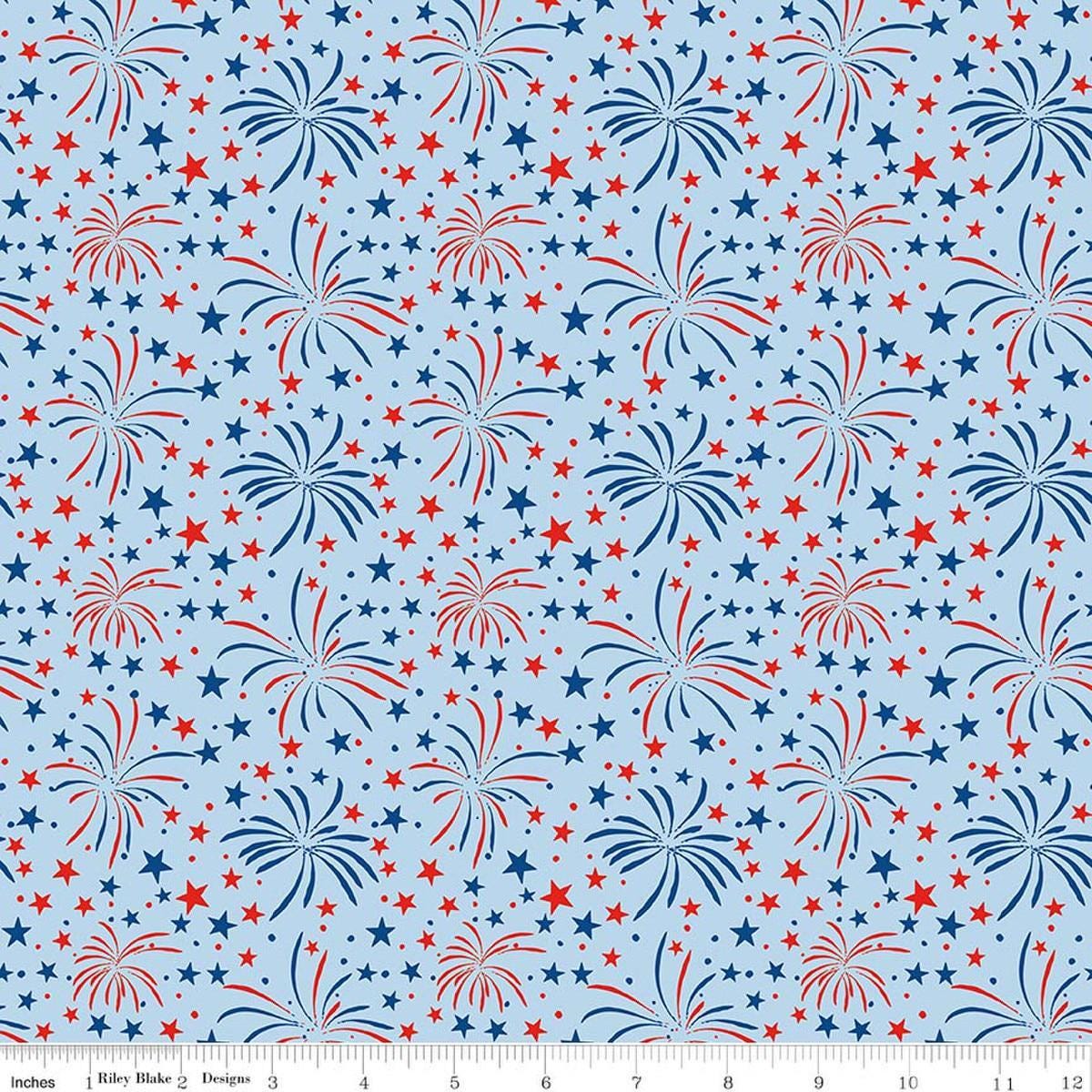 Image of Firecracker Fireworks Frost quilting cotton fabric by My Mind's Eye for Riley Blake Designs. Features stars on a blue background. Cute Little Fabric Shop.