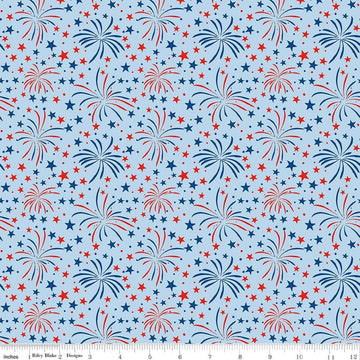 Image of Firecracker Fireworks Frost quilting cotton fabric by My Mind's Eye for Riley Blake Designs. Features stars on a blue background. Cute Little Fabric Shop.