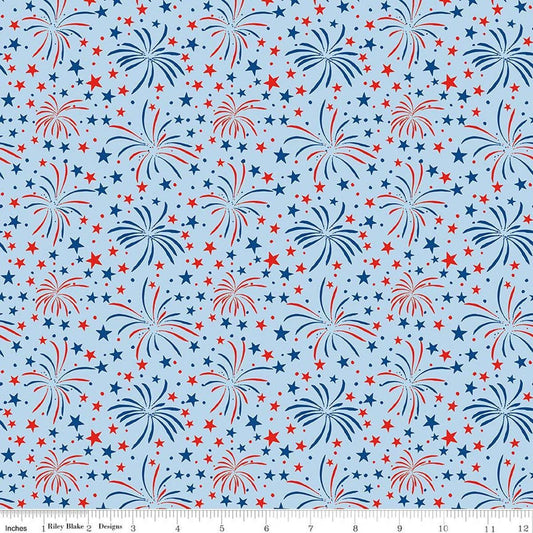 Image of Firecracker Fireworks Frost quilting cotton fabric by My Mind's Eye for Riley Blake Designs. Features stars on a blue background. Cute Little Fabric Shop.