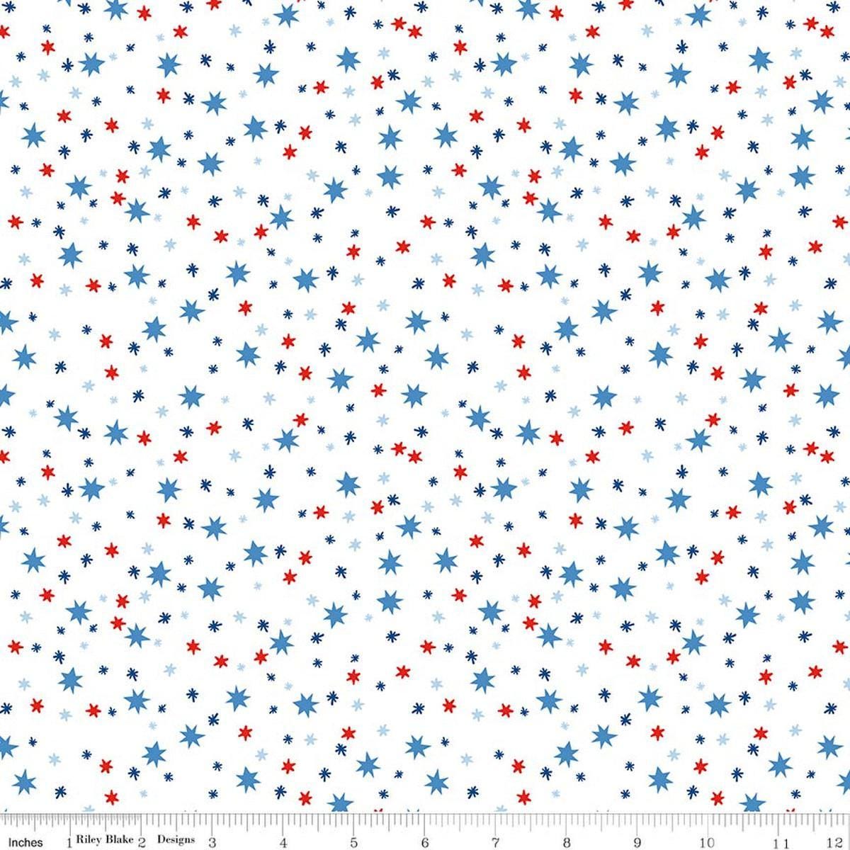 Image of Firecracker Stars White quilting cotton fabric by My Mind's Eye for Riley Blake Designs. Features stars on a white background. Cute Little Fabric Shop.