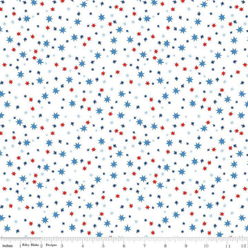 Image of Firecracker Stars White quilting cotton fabric by My Mind's Eye for Riley Blake Designs. Features stars on a white background. Cute Little Fabric Shop.