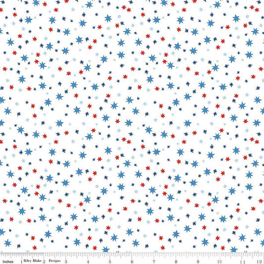 Image of Firecracker Stars White quilting cotton fabric by My Mind's Eye for Riley Blake Designs. Features stars on a white background. Cute Little Fabric Shop.