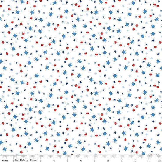 Image of Firecracker Stars White quilting cotton fabric by My Mind's Eye for Riley Blake Designs. Features stars on a white background. Cute Little Fabric Shop.