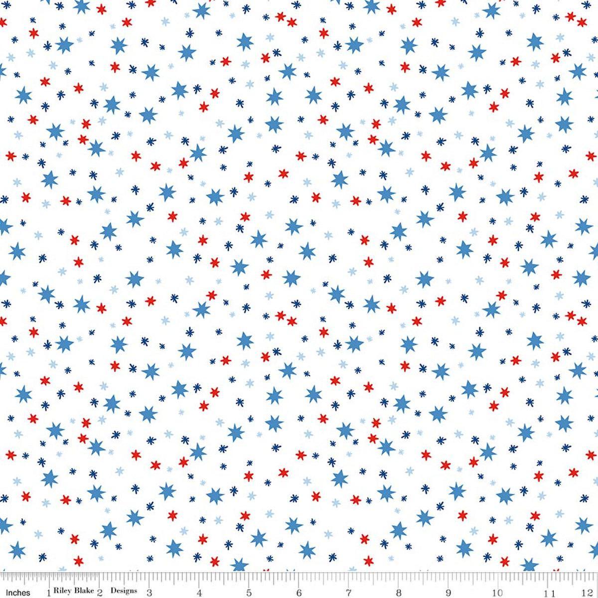 Image of Firecracker Stars White quilting cotton fabric by My Mind's Eye for Riley Blake Designs. Features stars on a white background. Cute Little Fabric Shop.