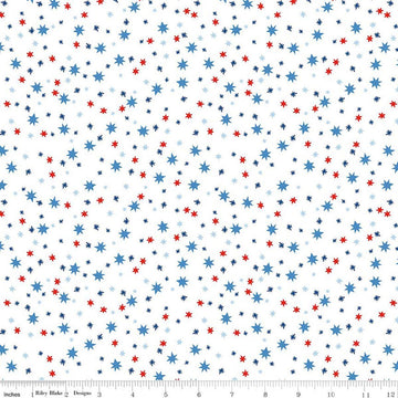 Image of Firecracker Stars White quilting cotton fabric by My Mind's Eye for Riley Blake Designs. Features stars on a white background. Cute Little Fabric Shop.