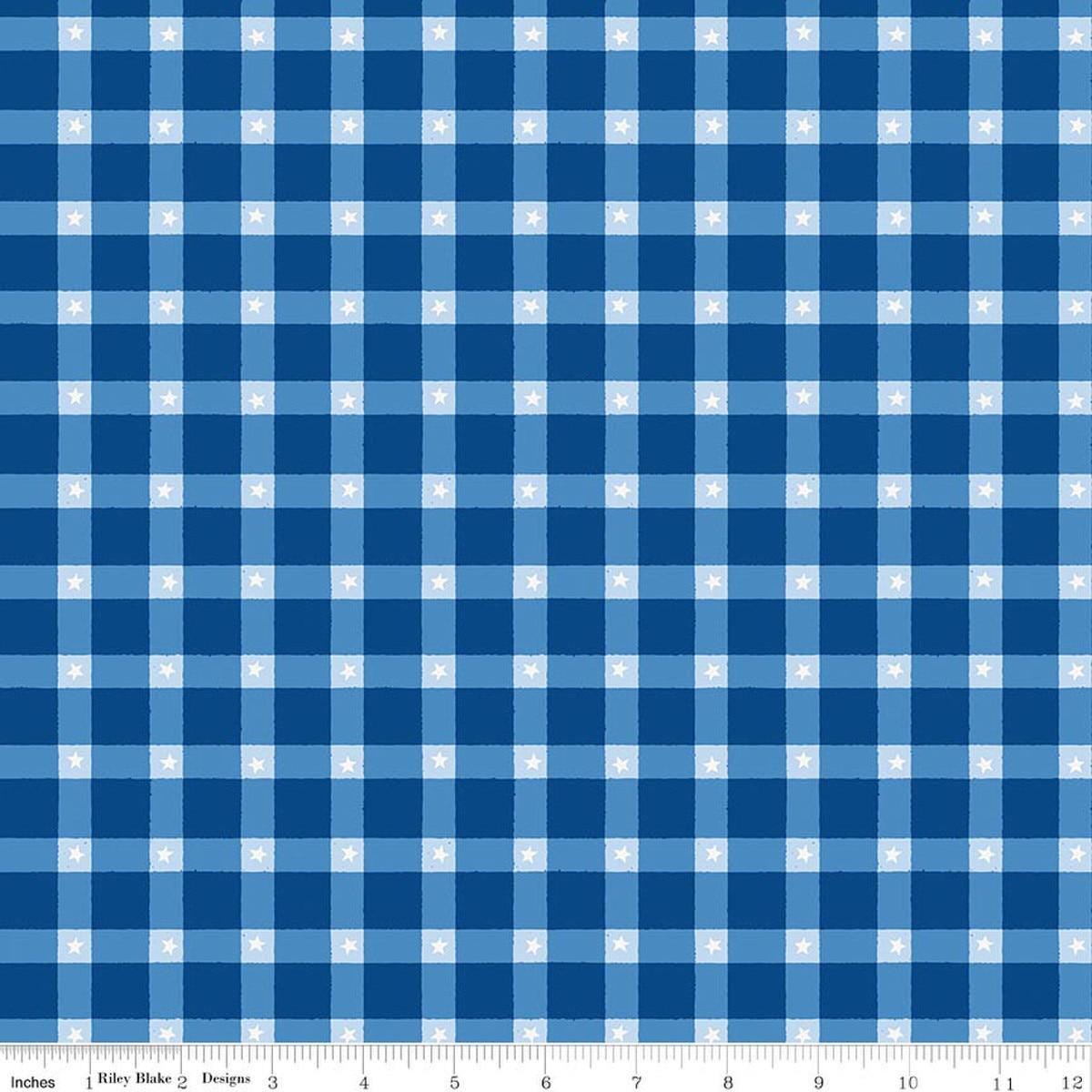 Image of Firecracker Plaid Blue quilting cotton fabric by My Mind's Eye for Riley Blake Designs. Features plaid on a blue background. Cute Little Fabric Shop.