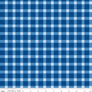 Image of Firecracker Plaid Blue quilting cotton fabric by My Mind's Eye for Riley Blake Designs. Features plaid on a blue background. Cute Little Fabric Shop.