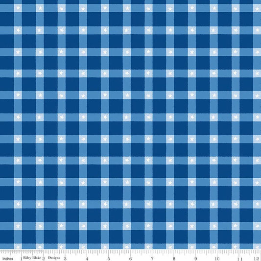 Image of Firecracker Plaid Blue quilting cotton fabric by My Mind's Eye for Riley Blake Designs. Features plaid on a blue background. Cute Little Fabric Shop.