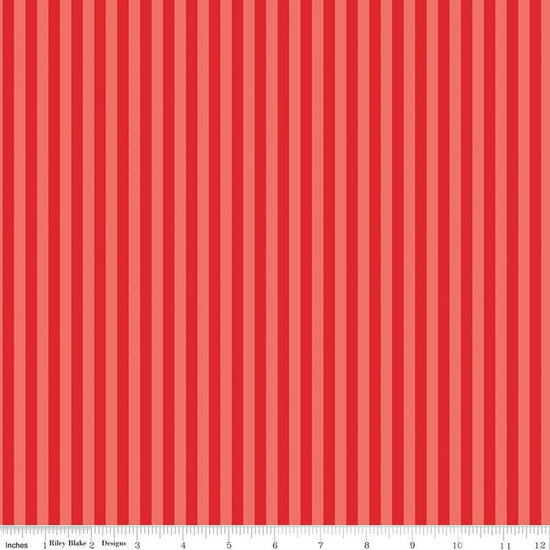 Image of Firecracker Stripes Red Hen quilting cotton fabric by My Mind's Eye for Riley Blake Designs. Features stripes on a red background. Cute Little Fabric Shop.