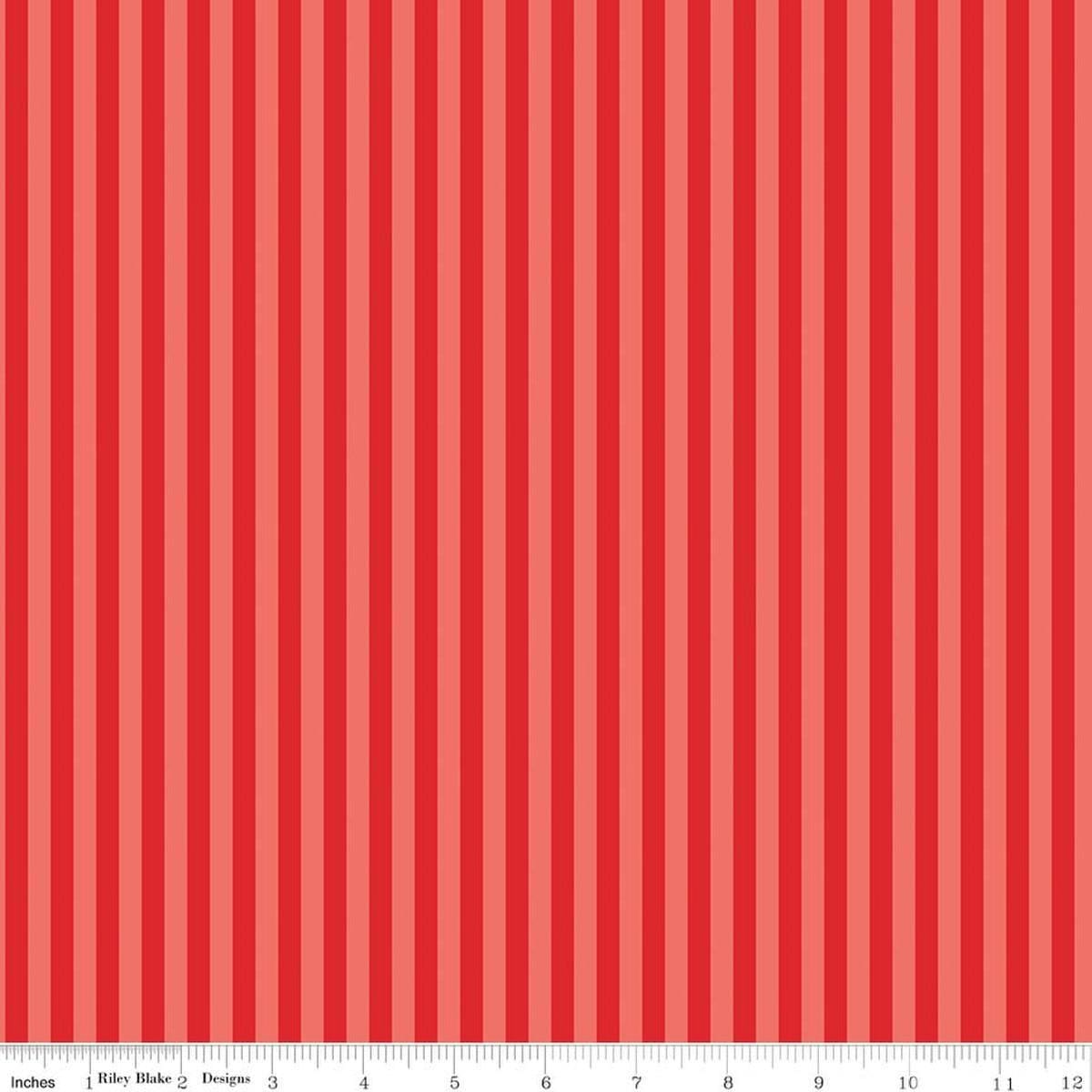 Image of Firecracker Stripes Red Hen quilting cotton fabric by My Mind's Eye for Riley Blake Designs. Features stripes on a red background. Cute Little Fabric Shop.
