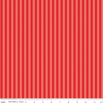 Image of Firecracker Stripes Red Hen quilting cotton fabric by My Mind's Eye for Riley Blake Designs. Features stripes on a red background. Cute Little Fabric Shop.