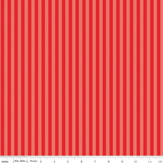 Image of Firecracker Stripes Red Hen quilting cotton fabric by My Mind's Eye for Riley Blake Designs. Features stripes on a red background. Cute Little Fabric Shop.