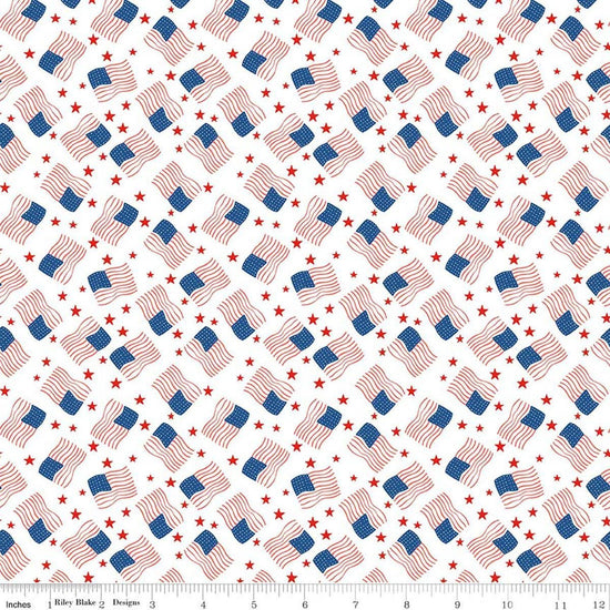 Image of Firecracker Flags White quilting cotton fabric by My Mind's Eye for Riley Blake Designs. Features flags on a white background. Cute Little Fabric Shop.