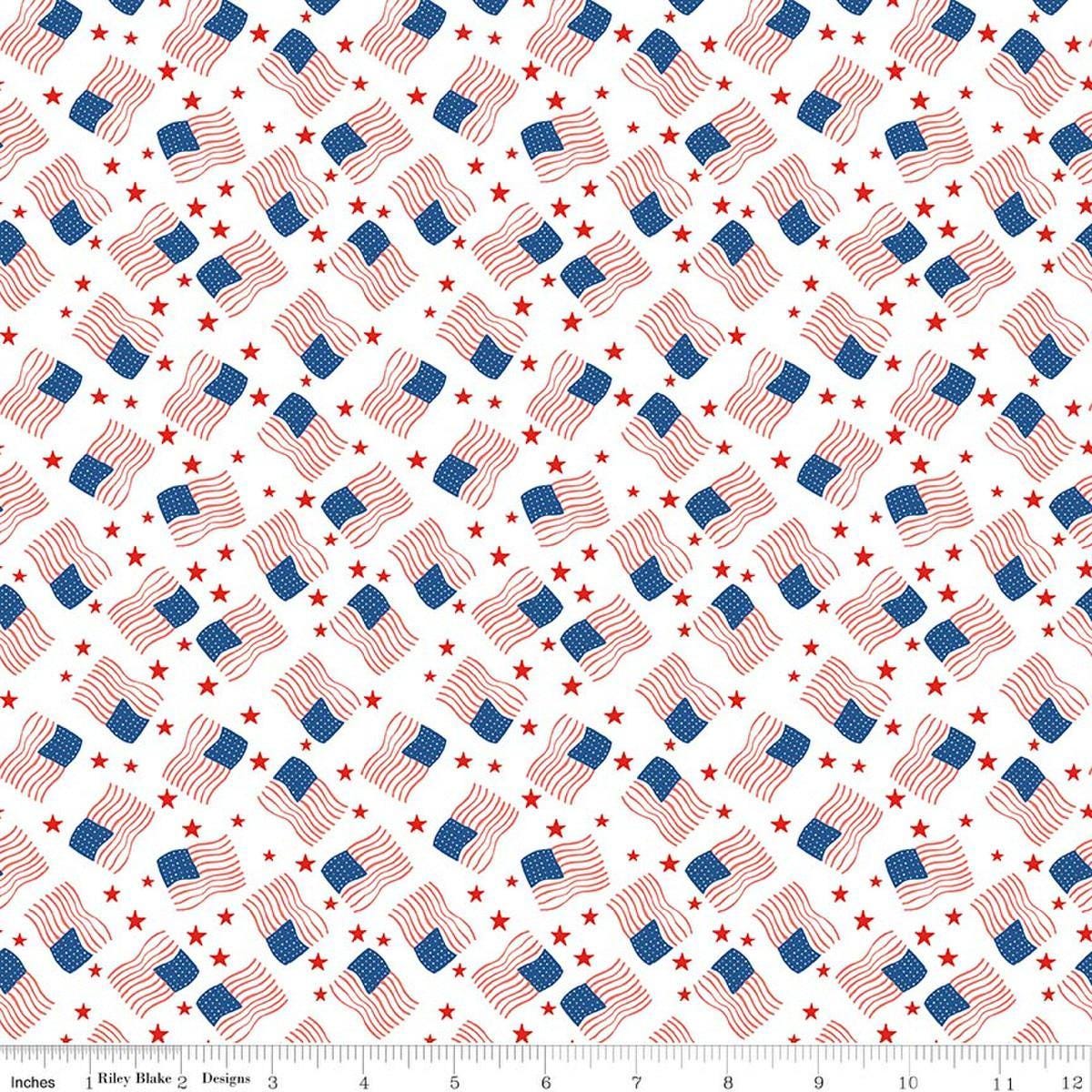 Image of Firecracker Flags White quilting cotton fabric by My Mind's Eye for Riley Blake Designs. Features flags on a white background. Cute Little Fabric Shop.