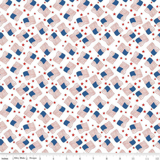 Image of Firecracker Flags White quilting cotton fabric by My Mind's Eye for Riley Blake Designs. Features flags on a white background. Cute Little Fabric Shop.