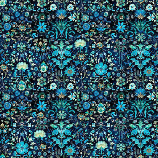 Image of Folklore Floral Navy quilting cotton fabric by Morris Creative Group for QT fabrics. Features flowers on a blue background. Cute Little Fabric Shop.