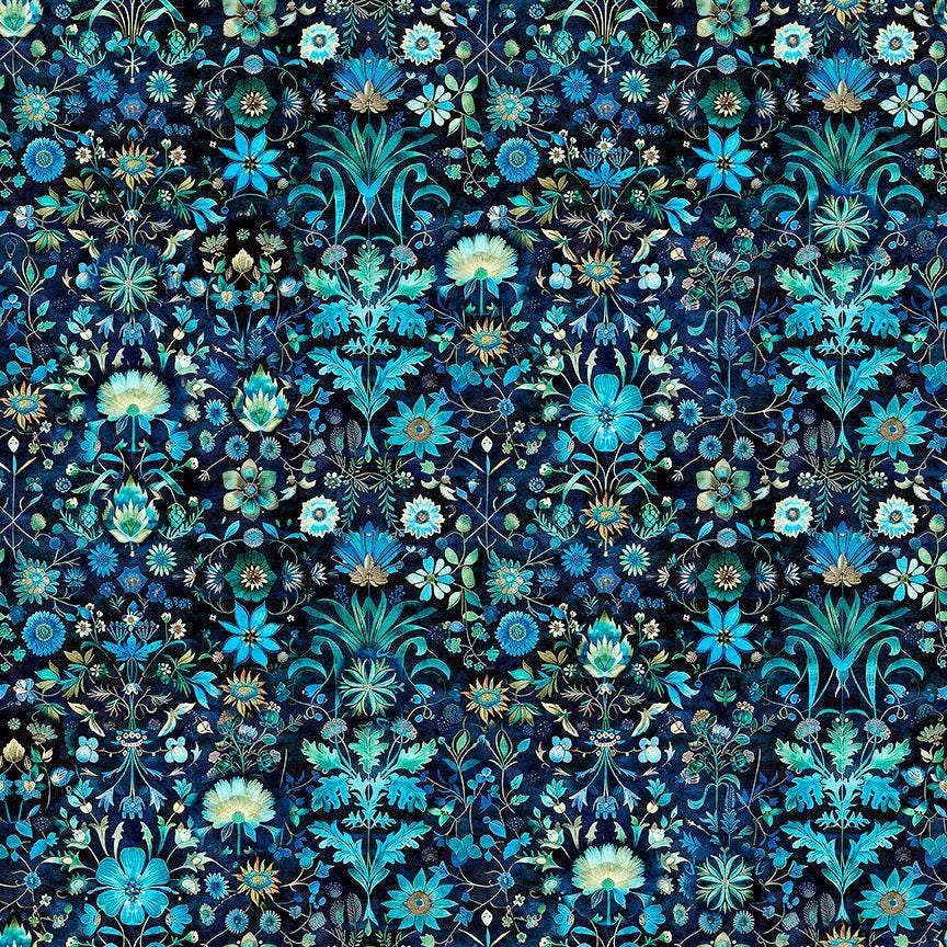Image of Folklore Floral Navy quilting cotton fabric by Morris Creative Group for QT fabrics. Features flowers on a blue background. Cute Little Fabric Shop.