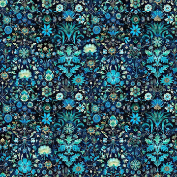 Image of Folklore Floral Navy quilting cotton fabric by Morris Creative Group for QT fabrics. Features flowers on a blue background. Cute Little Fabric Shop.